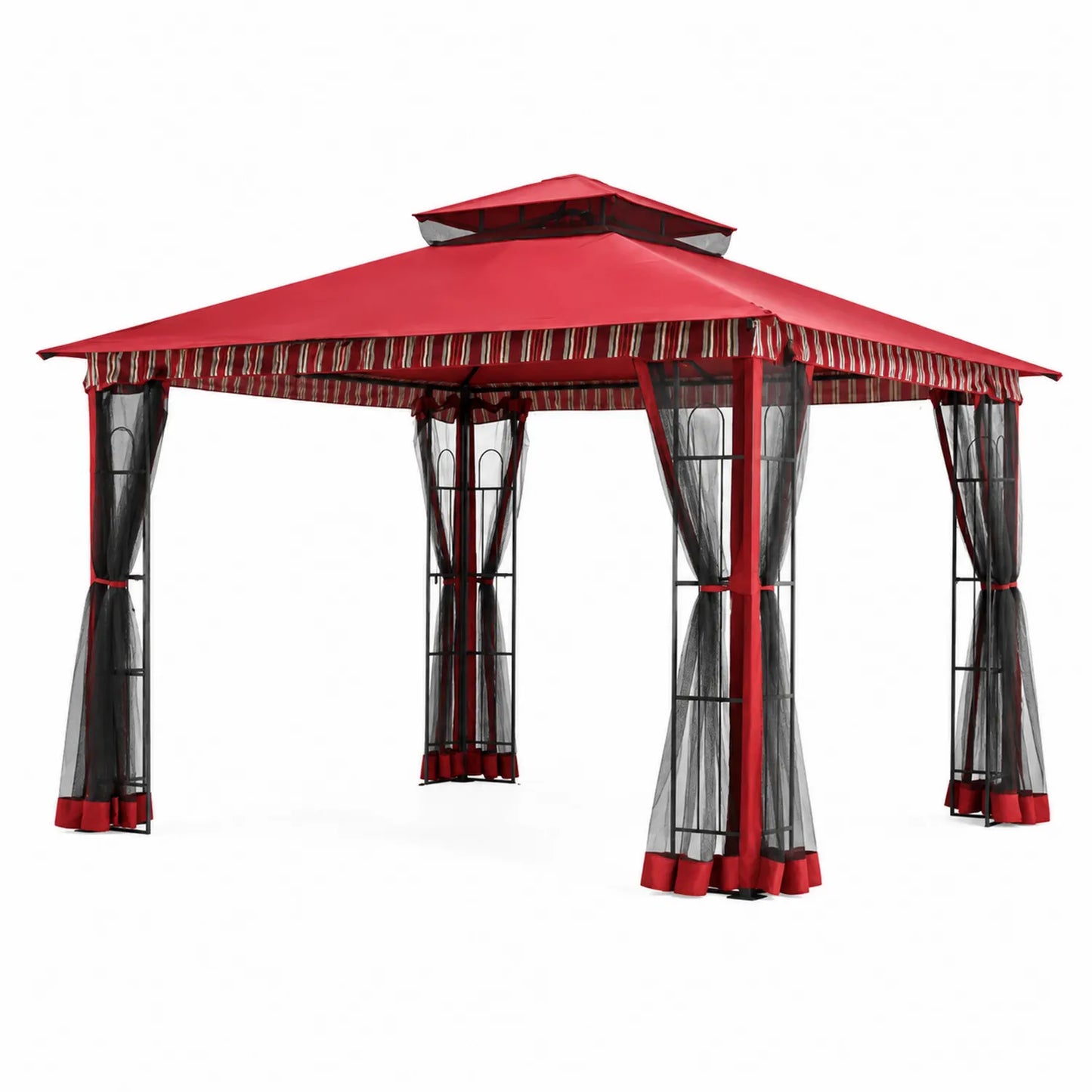 Pavillon de Jardin en Métal avec Toit en Polyester Rouge et Moustiquaires