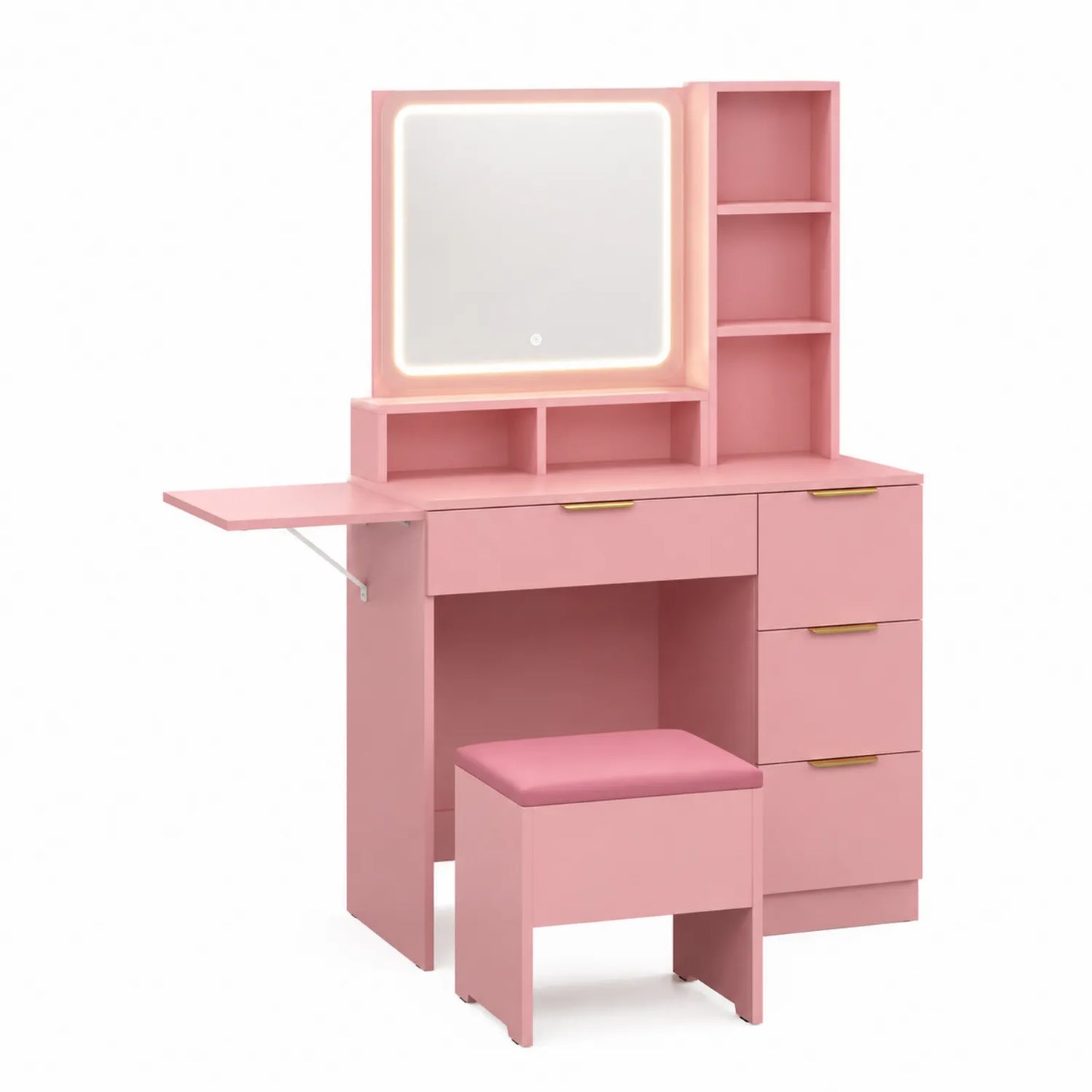 Coiffeuse en Bois avec Miroir LED et Tabouret Rose