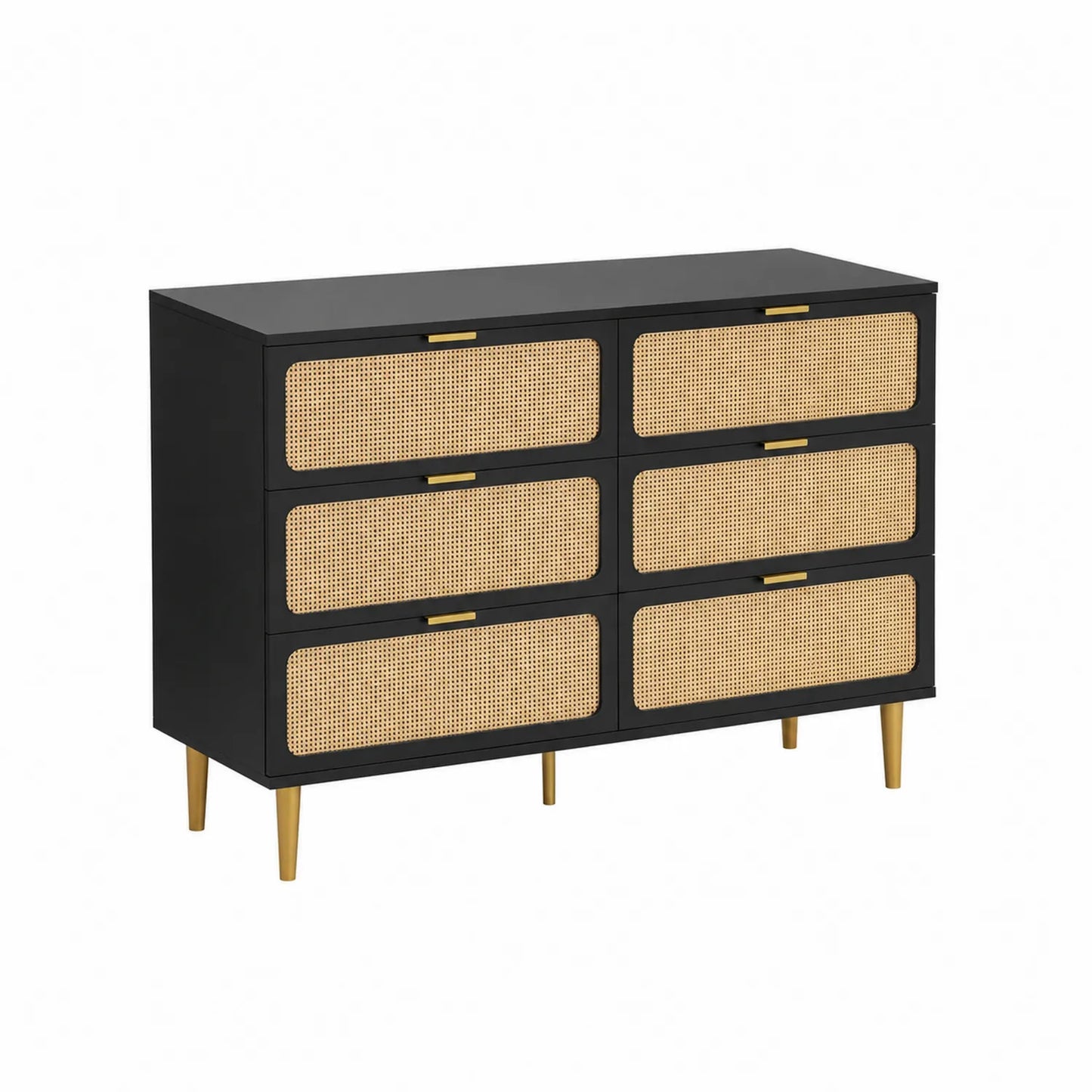 Commode en bois et rotin 6 tiroirs noir et chêne
