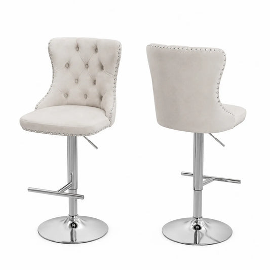 Chaise de bar en velours avec base en métal chromé