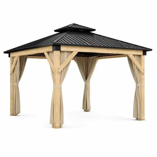 Pavillon de jardin en bois avec toit en métal noir et rideaux beiges