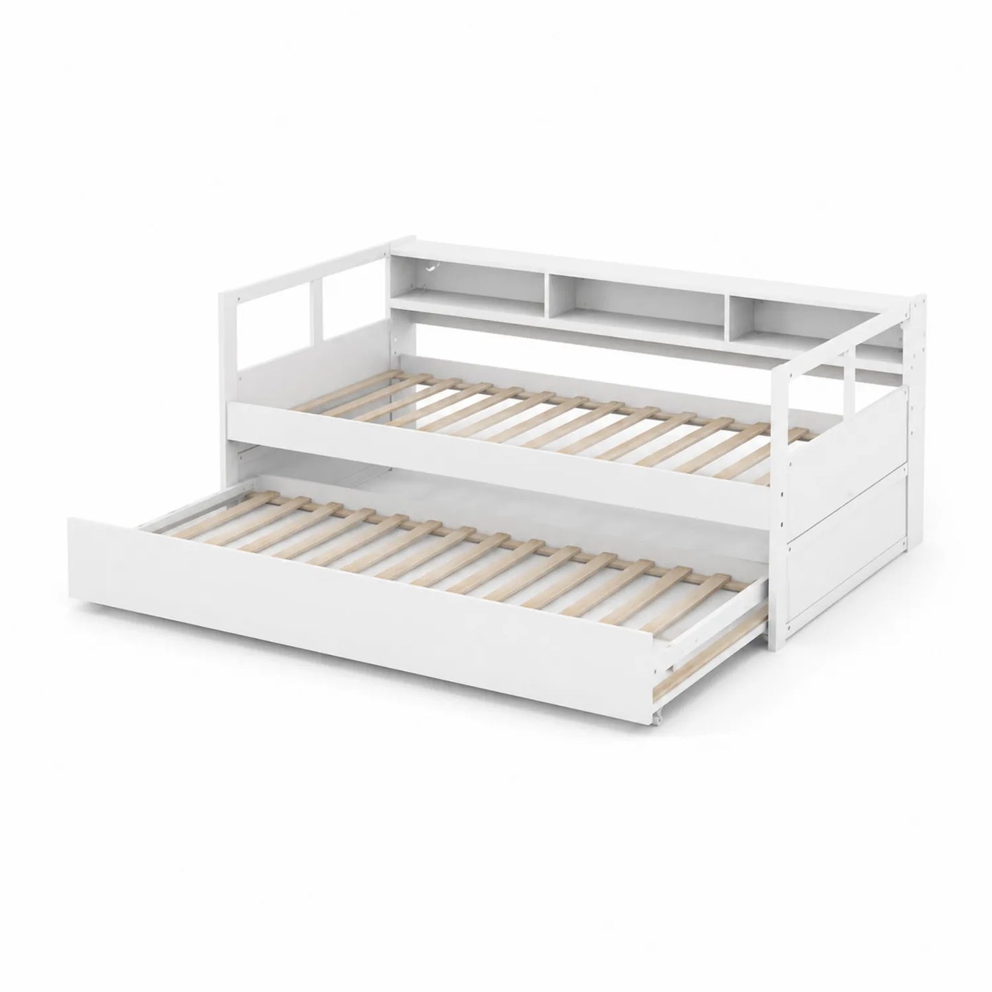 Ausziehbares Holzbett mit integrierter Schublade und Regalen 200x90 cm