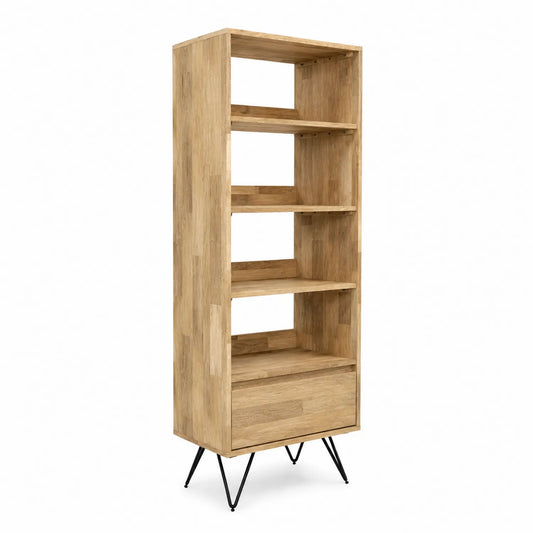 Bibliothèque en bois avec tiroir et pieds en métal