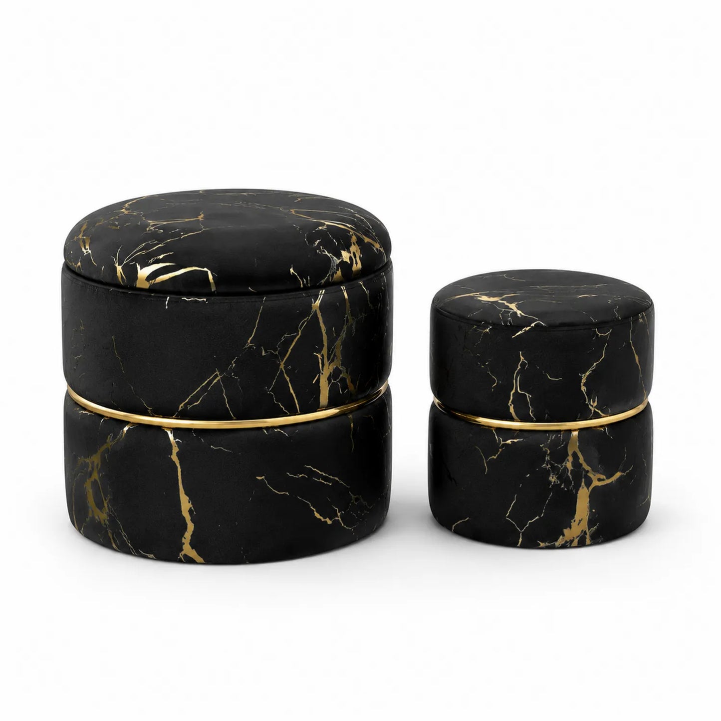 Poufs Ronds en Similicuir Marbré Noir et Doré, Lot de 2