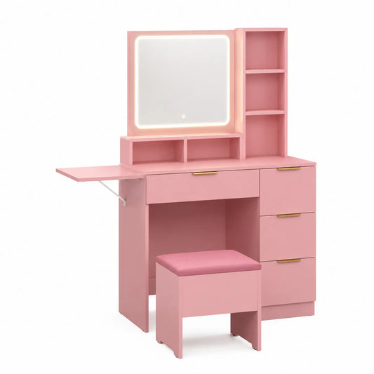 Coiffeuse en Bois avec Miroir LED et Tabouret Rose