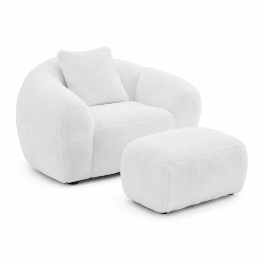 Fauteuil et Repose-pieds en Tissu Sherpa Blanc