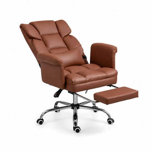 Chaise de bureau en similicuir marron avec repose-pieds et roulettes