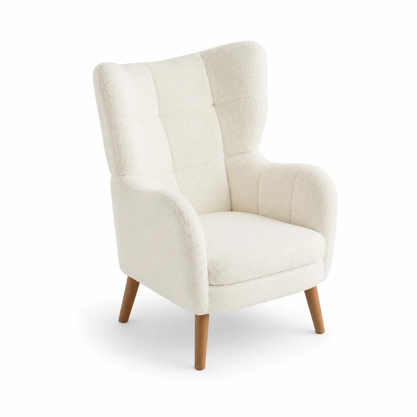 Fauteuil bergère en peluche blanche avec pieds en bois