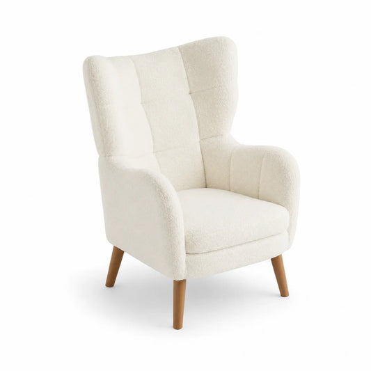 Fauteuil bergère en peluche blanche avec pieds en bois