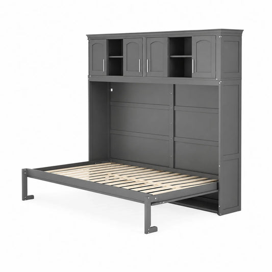 Lit escamotable en bois avec rangement et étagères en bois Gris 200x90 cm