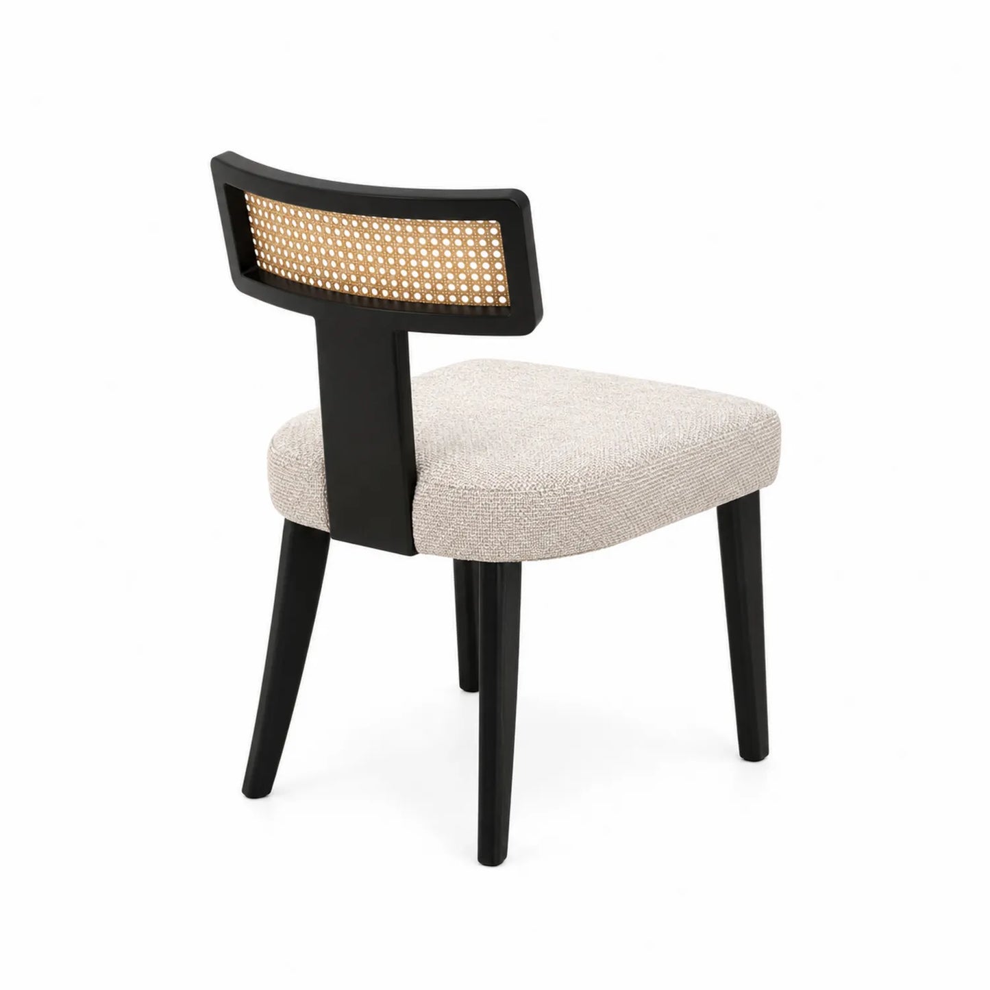 Chaise en bois et tissu avec dossier en rotin